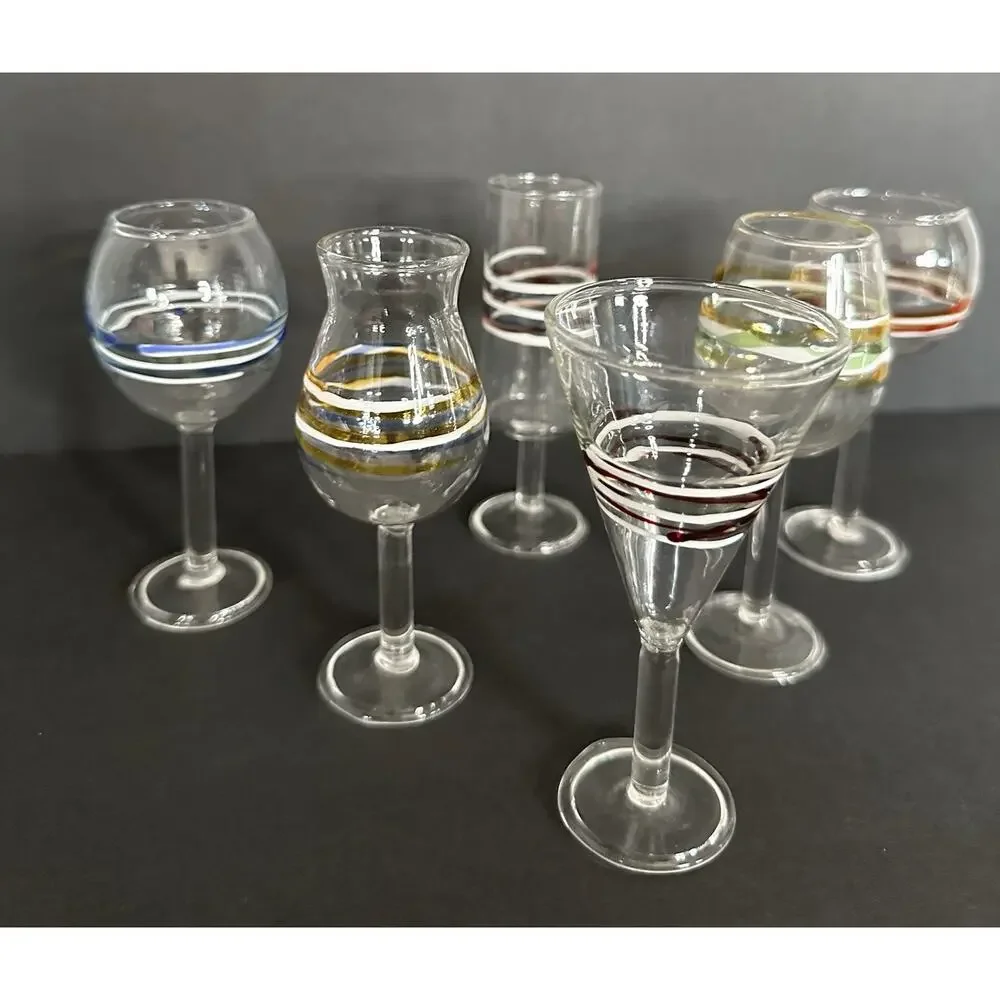 Vintage Hand Blown Multicolor Art Glass Cordial Glasses Set of 6 MCM Barware